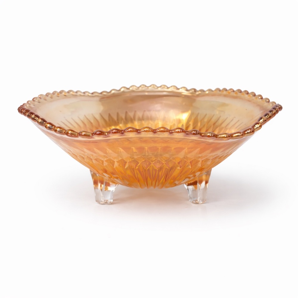 Vintage Iridescent Peach Carnival Glass Footed Bowl with Beaded Rim
